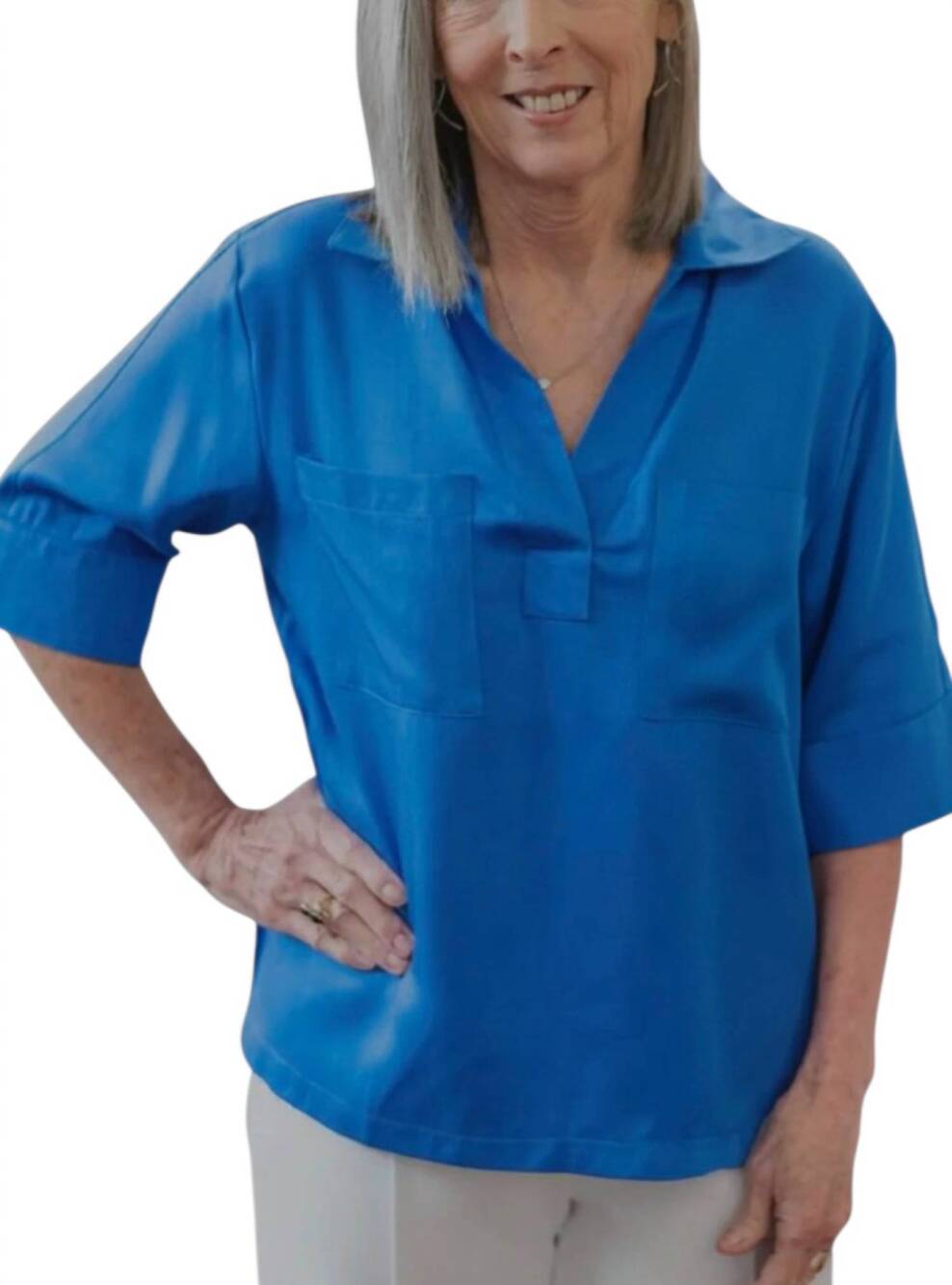 NEW TOOFAN collared popover blouse in blue